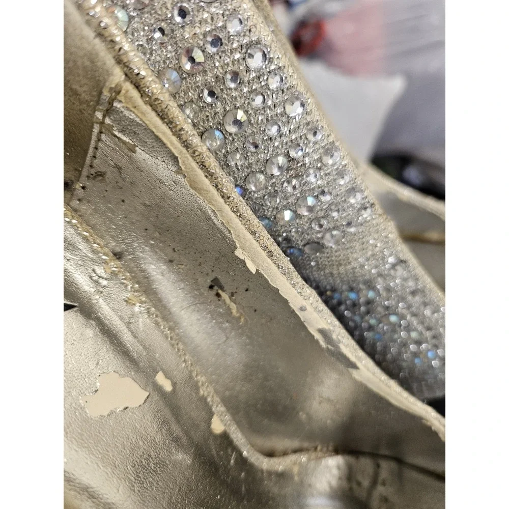 Shierrt Women's Silver Rhinestone Platform Heels Round Toe Slip-On Size 6